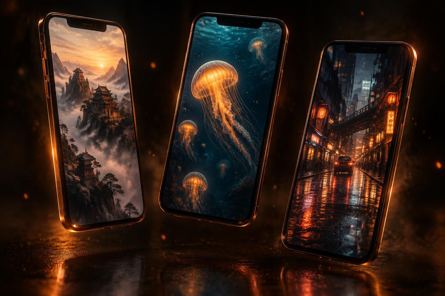 Three phone screens showing AI-generated video scenes
